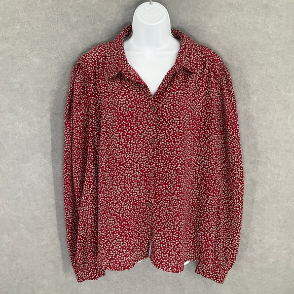 CeCe Top Women's 2X Floral Print Long Sleeve Button Down Shirt Red Blouse - Picture 1 of 13